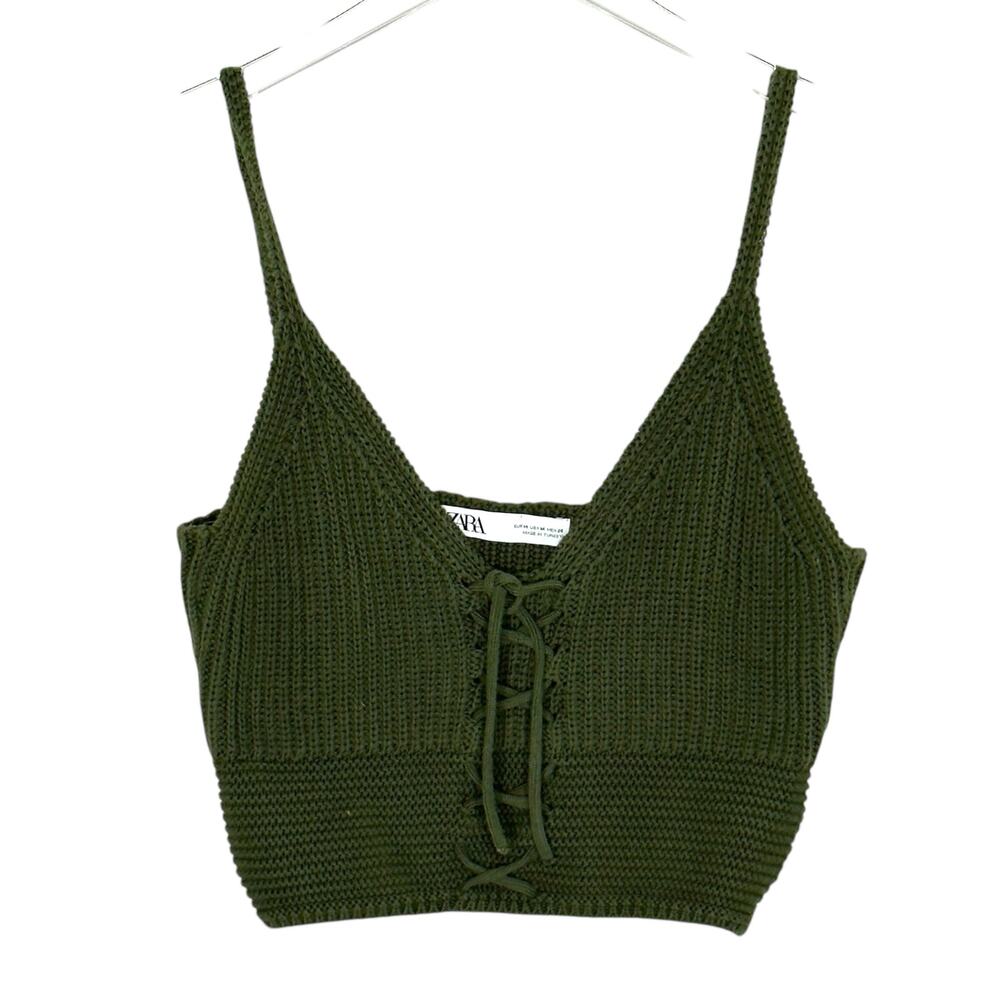 Zara M Womens Chunky Knit Crop Top Olive Green Boho Normcore Festival Hippie